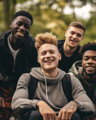 Multi ethnic group having fun in a public park Amputee man hangs out with his friends outdoor Friendship and diversity concept made with AI generative technology