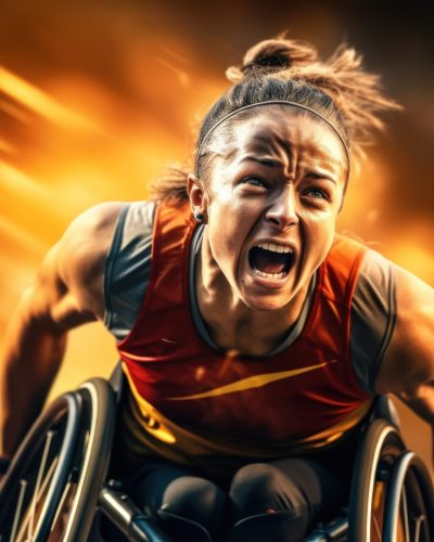 Paralympian, young strong sporty woman on disabilities shouting during competition in action against motion blur background. Concept of inclusive sport for people with special needs, human emotions.