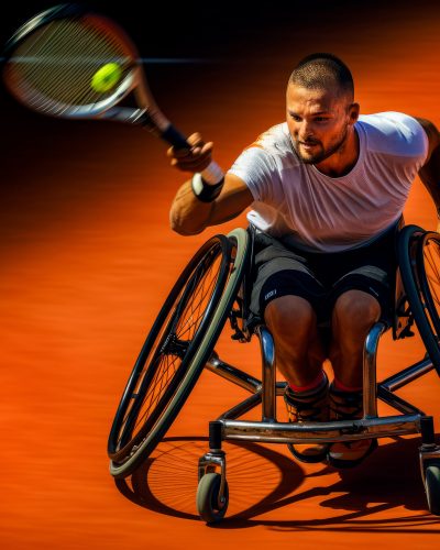 A wheelchair tennis player in a match