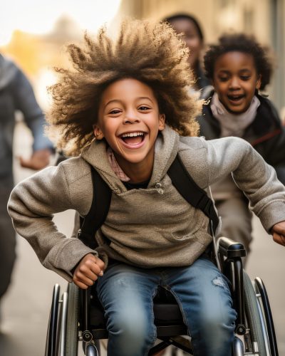 a smiling boy in a wheelchair runs with students in a group