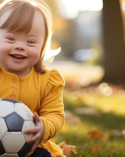 Girl with down syndrome playing ball outdoors